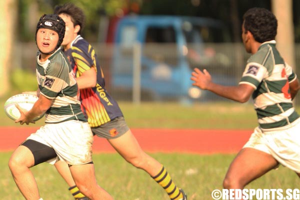 A player (SJI #13) looking to pass the ball to his counterpart on his left wing.