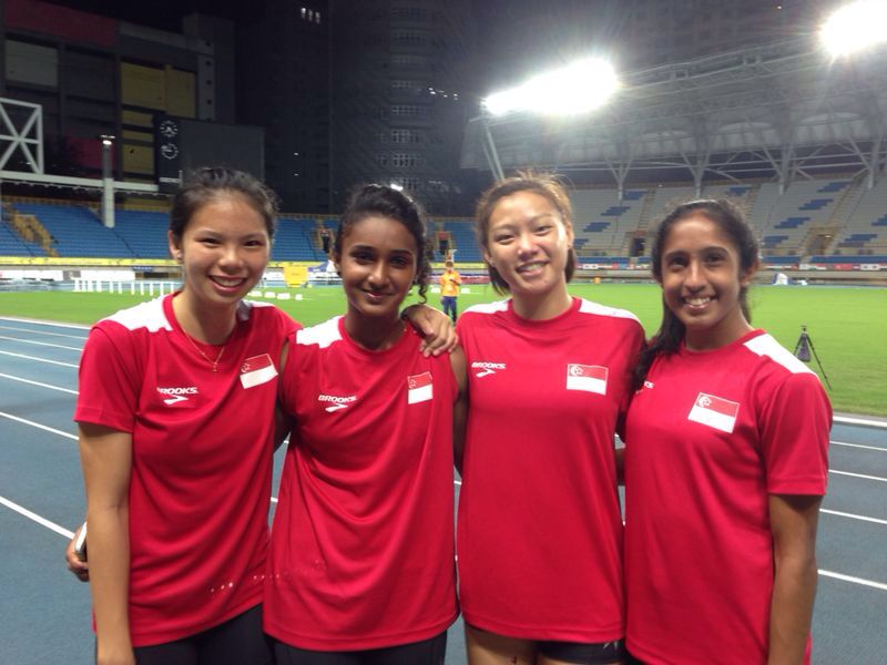 (from left) Jannah Wong, Kugapriya, Eugenia Tan and Shanti Pereira set a new 4x100m national junior record when they clocked 46.78s to finish 5th at the Asian Jr C'ships in Taiwan. (Photo courtesy of SAA)