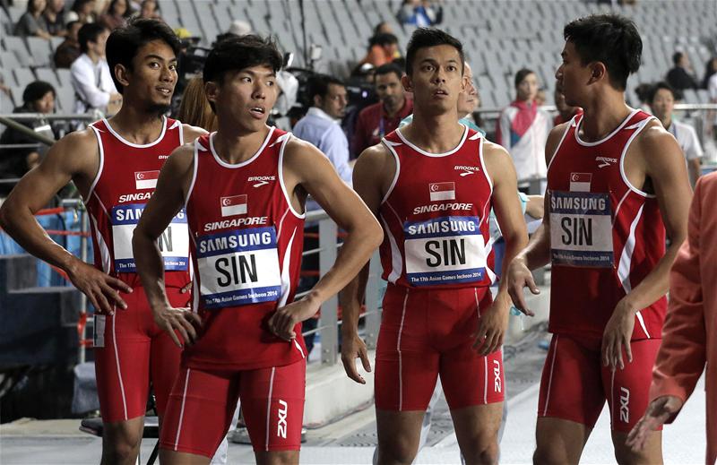 The Singapore men's 4x100m relay team after finishing their heat in a season's best 39.80sec. They qualify sixth-fastest for the final on Thursday. (Photo 5 courtesy of Vivek Prakash/Sport Singapore via Action Images Livepic)