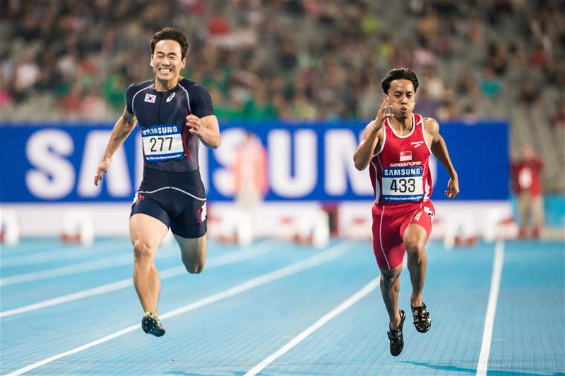 Muhammad Amirudin Jamal, the only Singaporean in action on the second day of athletics competition, improved his 100m season's best by a hundredth of a second to 10.60sec. He did not qualify for the final. (Photo 7 courtesy of Sport Singapore via Action Images Livepic)