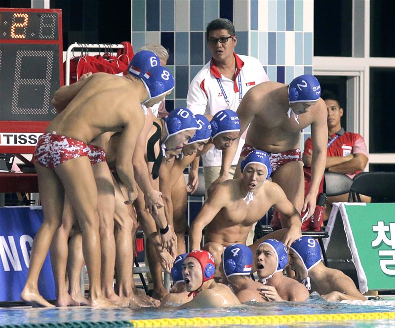 The Singapore water polo team suffered a heartbreaking 8–9 loss in their opening preliminary round match to hosts South Korea. (Photo 2 courtesy of Vivek Prakash/Sport Singapore via Action Images Livepic) 