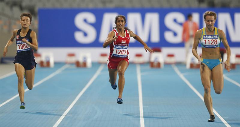 Singapore women's 100m national record holder Veronica Shanti Pereira clocked 12.02sec to finish fourth of seven runners in her heat. She was 11th overall and did not qualify for the final. (Photo 9 courtesy of Jaewon Lee/Sport Singapore via Action Images Livepic)