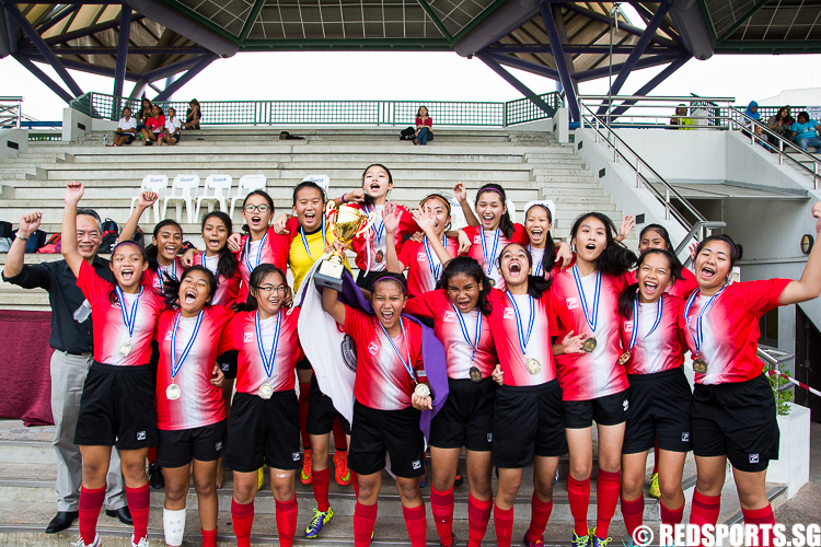 Queensway Secondary are champions after beating Bowen Secondary 3–1 on penalty kicks in the National B Division Girls Football Championship. (Photo 11 © Zachary Foo/Red Sports)