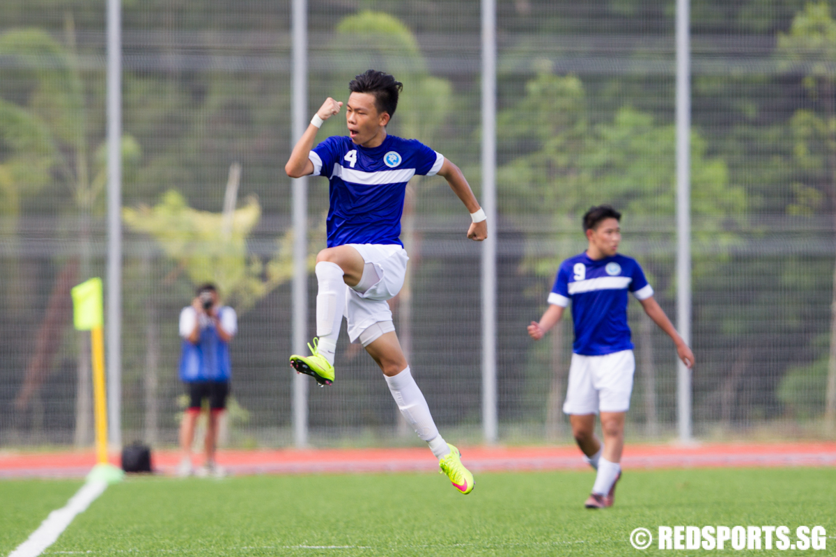 Justin Hui (#4) of Meridian Junior College jumps for joy after he scored the second goal of the game. (Photo © Lee Jian Wei/Red Sports)