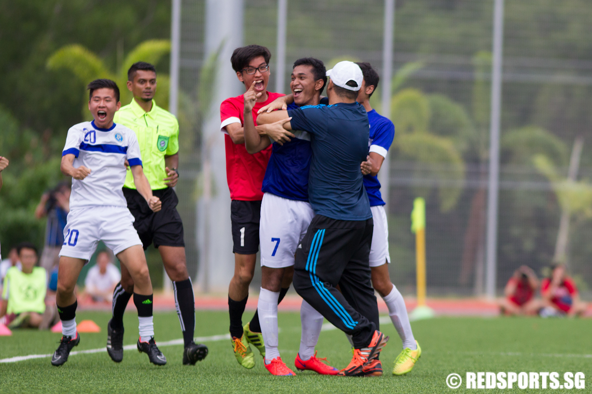 Michael Paul Hendrick (#7) of Meridian Junior College celebrates as he scores the tiebreaker during extra time against Nanyang Junior College. (Photo © Lee Jian Wei/Red Sports)