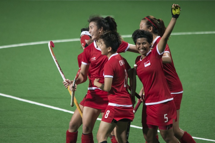 Banuh Nursabrina (#5), scorer of Singapore’s only goal, celebrates the moment with her teammates.
