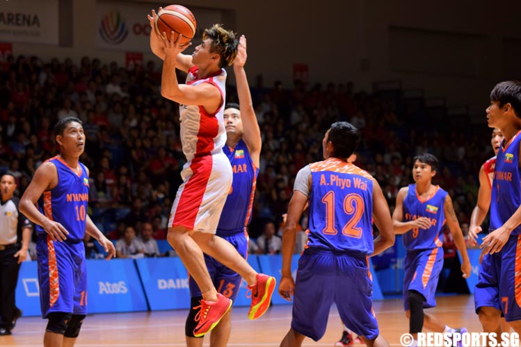 Desmond Oh (SIN #2) makes a jump shot. Desmond contributed 16 points to his team's win over Myanmar in their first match. (Photo 2 © Laura Lee/Red Sports)