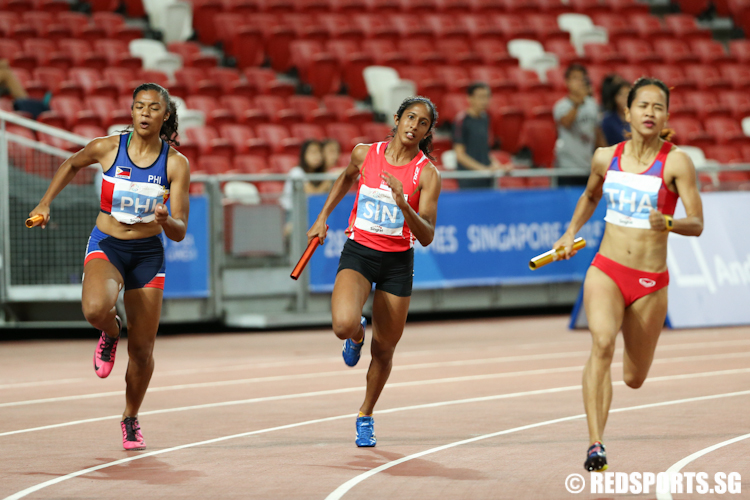 Veronica Shanti Pereira of Singapore ran the third leg of the Women's 4x100m Relay Final. Singapore came in fourth with a time of 45.41s. (Photo © Lee Jian Wei/Red Sports)