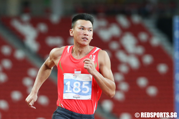 Lance Tan (#185) of Singapore in action during the Men's Decathlon 100m race. (Photo © Lee Jian Wei/Red Sports)