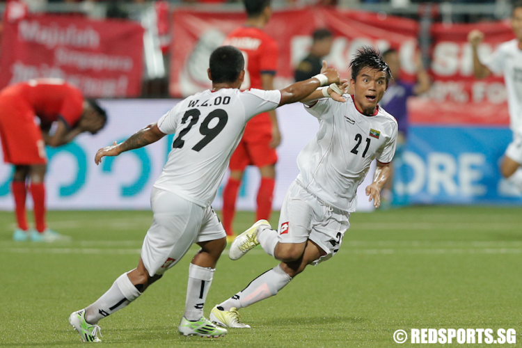 Ye Ko Ko (#21) of Myanmar scores from a free kick to put Myanmar 2–1 up against Singapore. (Photo © Lee Jian Wei/Red Sports)