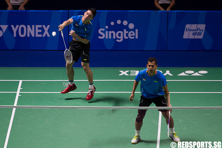Hendra Wijaya and Terry Hee of Singapore in the men's double's game against Ronel Estanislao and Philip Joper Escueta of Philippines.