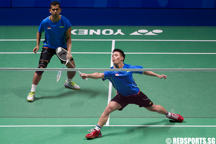 Hendra Wijaya and Terry Hee of Singapore in the men's double's game against Ronel Estanislao and Philip Joper Escueta of Philippines.