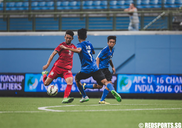 Korawich Tasa (THA #11) attempts a shot during the opening minutes of the 2016 Asian Football Confederation (AFC) U-16 Championship Qualifiers. He also scored a hat-trick in the game.