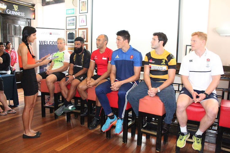National Sprinter and Hurdler Dipna Lim-Prasad (extreme left), interacting with the team captains of the various teams during the official press conference of the Societe Generale SCC International Rugby 7s at Stumps at the Singapore Cricket Club on Thursday afternoon.  (Photo Credit: Singapore Cricket Club)