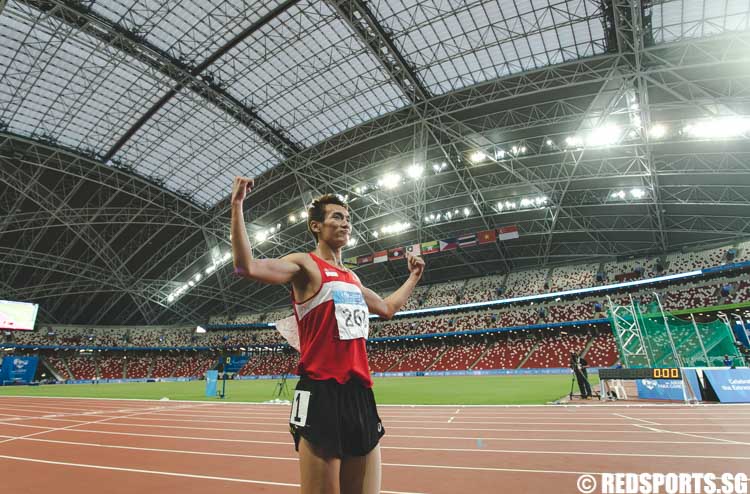 Zac Leow (SIN #268) celebrating Singapore's first medal in Athletics during the men's T37 1500m at the 8th ASEAN Para Games. (Photo 6 © Soh Jun Wei/Red Sports)