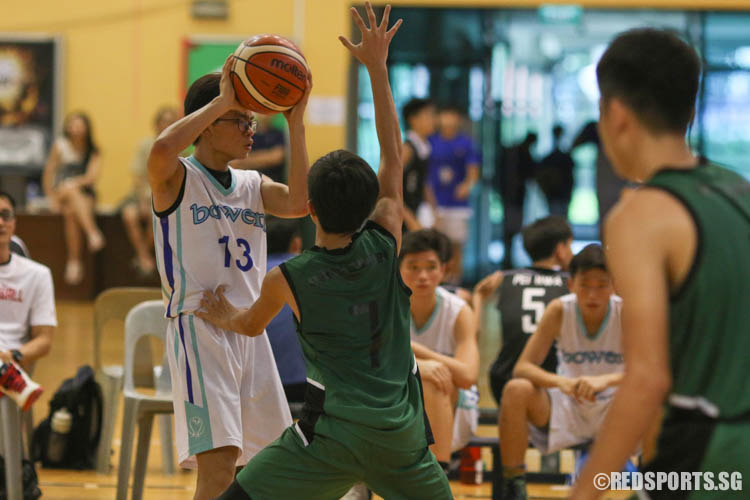 Daniel Ang (BSS #13) looks for his teammates while Axl Teo (AIS #7) defends. (Photo 5 © REDintern Chua Kai Yun)