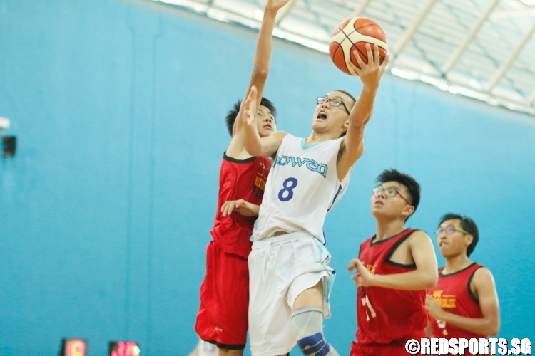 Nicholas Liew (Bowen #8) rises for the lay-up. He scored 16 points to lead his team to an overtime victory. (Photo 1 © Dylan Chua/Red Sports)
