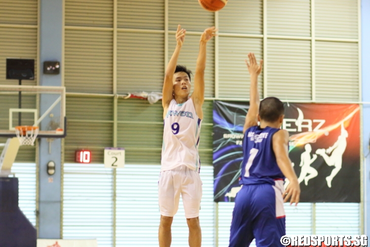 Lee Yao Hong (Bowen #9) rises up for a three. He scored 13 points in the victory. (Photo  © Chan Hua Zheng/Red Sports)