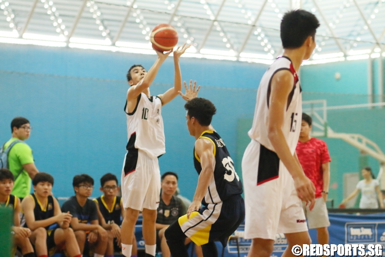 Koh Jun Hao (DMN #10) attempts a shot from beyond the arc. Photo 5 © Dylan Chua/Red Sports)