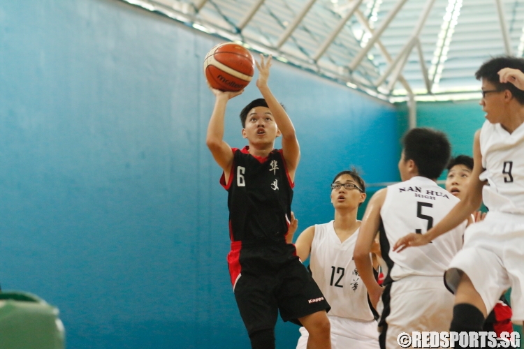 Ryan Huang (Hua Yi #6) pulls up for a shot. He had 9 points in the victory. (Photo  © Chan Hua Zheng/Red Sports)