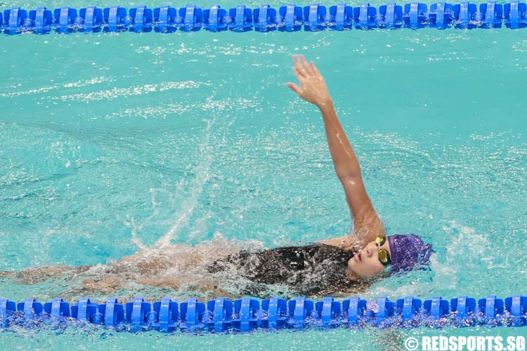 Charity Lien in action during her 200m backstroke 'A' final at the 47th Singapore National Age Group Swimming Championships. She came in third among the 13-14 year olds with a timing of 2:30.22. (Photo © Soh Jun Wei/Red Sports)