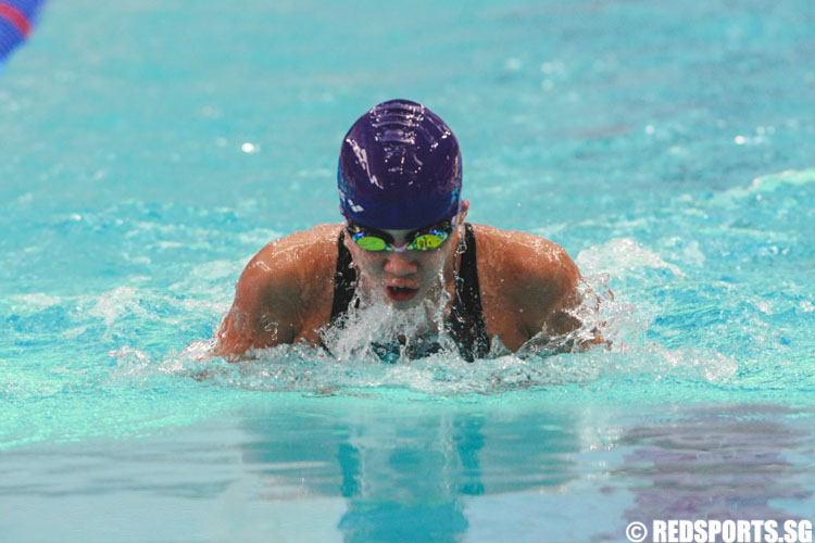 Charity Lien in action during her 50m breaststroke 'A' final at the 47th Singapore National Age Group Swimming Championships. She came in second among the 13-14 year olds with a timing of 34.41s. (Photo © Soh Jun Wei/Red Sports)