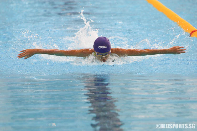 Yeo Chiok Sze in action in the girls' 100m butterfly at the 47th Singapore National Age Group Swimming Championships. She finished first in the 12 year old age group with a timing of 1:10.39. (Photo 11 © Chua Kai Yun/Red Sports)