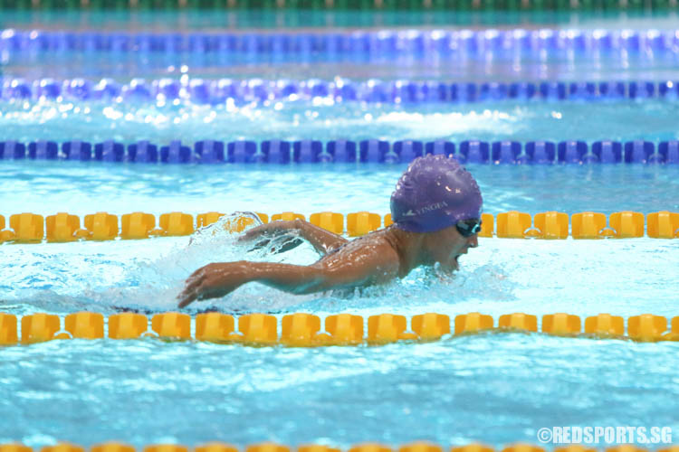 Jessiree Kwok in action during her 200m butterfly race at the 47th Singapore National Age Group Swimming Championships. She finished third among the 11 year olds with a timing of 2:45.42. (Photo 5 © Chua Kai Yun/Red Sports)