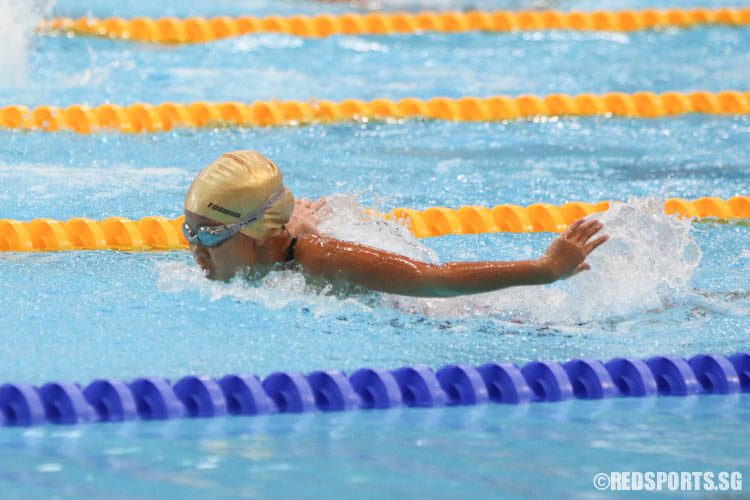 Tricia Yau in action during her 200m butterfly race. She finished second among the 11 year olds with a timing of 2:45.36. (Photo 9 © Chua Kai Yun/Red Sports)