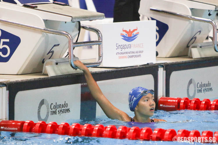 Ashley Lim reacts after the girls 400m IM at the 47th Singapore National Age Group Swimming Championships. She finished first in the 11 Year Old 400m IM with a timing 5:28.81. (Photo 1 © Chua Kai Yun/Red Sports)