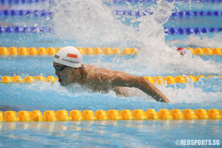Quah Zheng Wen in action during his 100m butterfly event. He finished first in the open category with a timing of 53.48. (Photo © Chua Kai Yun/Red Sports)