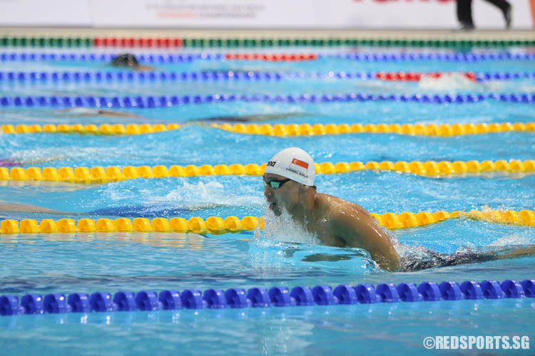 Lionel Khoo completing his 200m breaststroke event. He finished second in the open category with a timing of 2:16.92.(Photo © Chua Kai Yun/Red Sports)