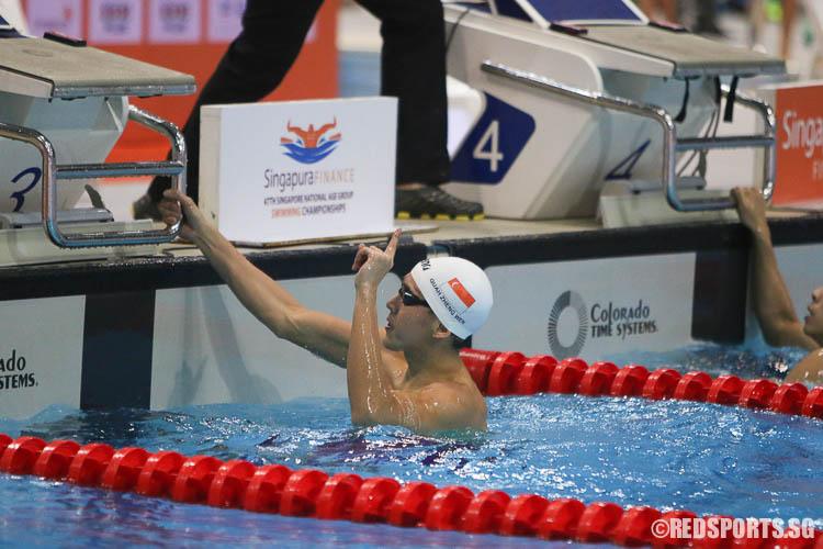 Quah Zheng Wen celebrating his victory after his 200 IM event. He finished first in the open category with a timing of 2:02.65, rewriting his own meet record of 2:03.38 set last year. (Photo © Chua Kai Yun/Red Sports)
