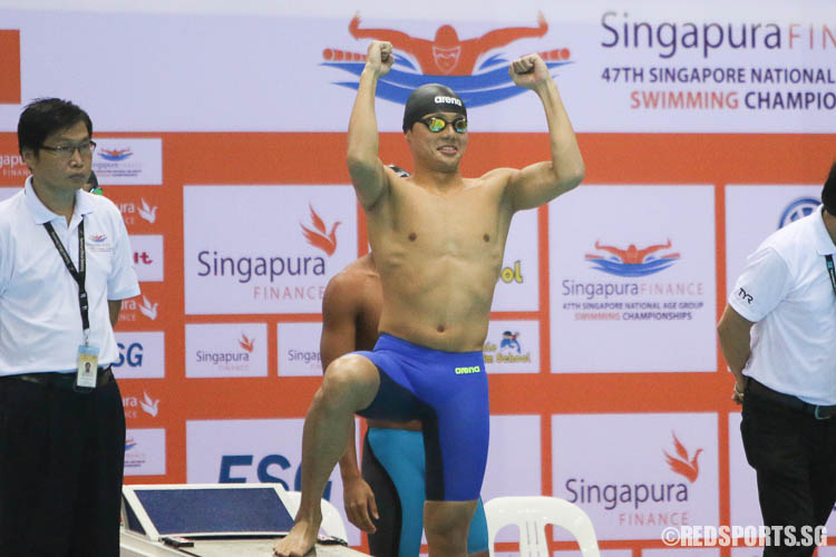 Dylan Koo from Team Singapore all energised for his turn in the 400m freestyle relay. The team finished first with a timing of 3:28.55. (Photo © Chua Kai Yun/Red Sports)(Photo © Chua Kai Yun/Red Sports)