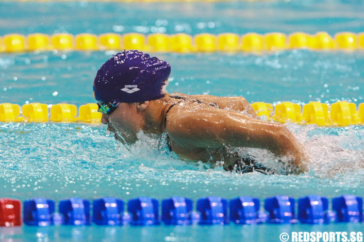 Charity Lien swimming in the butterfly leg during her 13-14 'A' 400 IM finals at the 47th Singapore National Age Group Swimming Championships. She came in third among 13-14 year olds with a timing of 5:15.81. (Photo © Soh Jun Wei/Red Sports)