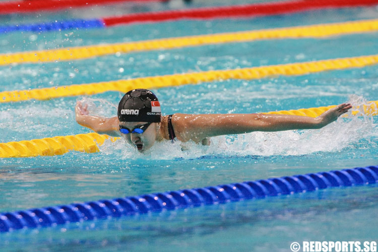 Quah Jing Wen swimming in the butterfly leg during her 15 and over 'A' 400 IM finals at the 47th Singapore National Age Group Swimming Championships. She won among the 15-17 year olds with a timing of 4:59.59, clocking a new meet record. (Photo © Soh Jun Wei/Red Sports)