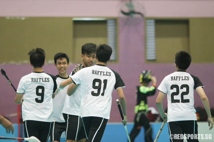 Raffles players celebrate after Caius Goh (RI #9) scored the team's second goal. (Photo © Chua Kai Yun/Red Sports)
