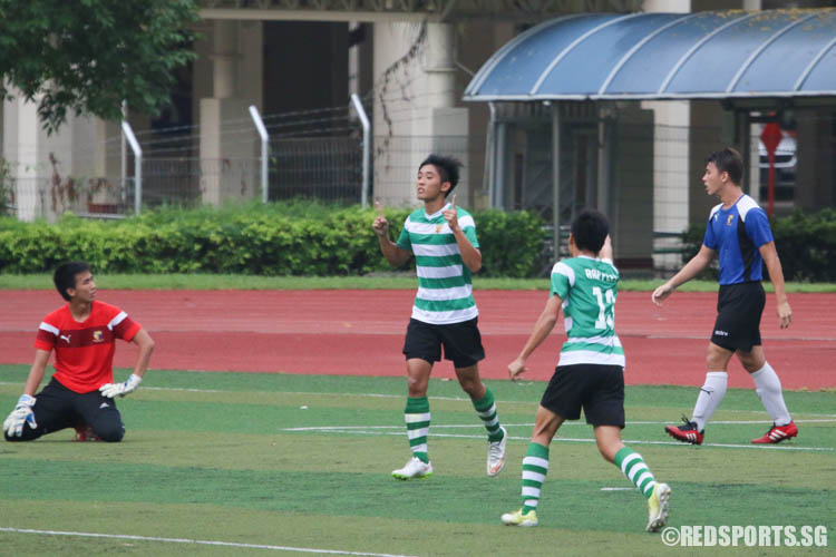 Jonathan Chua (RI #9) celebrates after scoring the team's only goal in the game. He was awarded a penalty kick later in the second half, however dismissing it, showing a clear display of sportsmenship and integrity. (Photo © Chua Kai Yun/Red Sports)