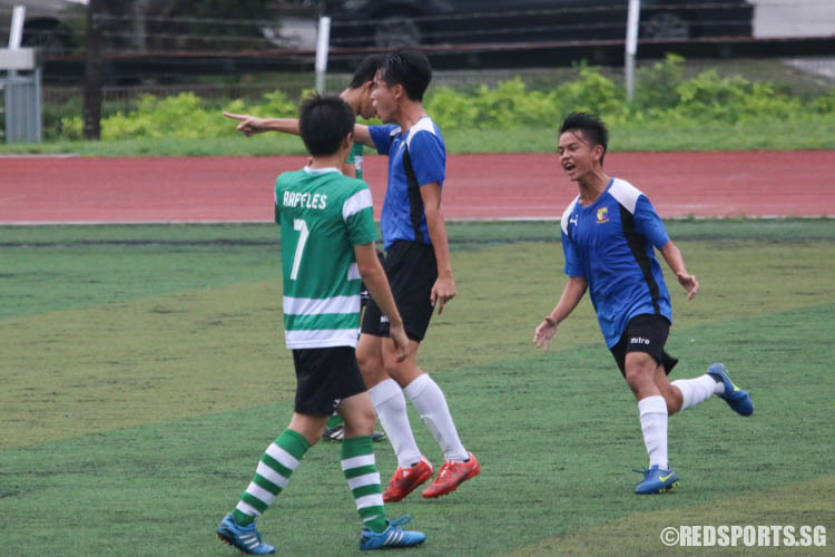 Oon Jinkuan (#11) of ACJC reacts after scoring the team's first goal. (Photo © Chua Kai Yun/Red Sports)