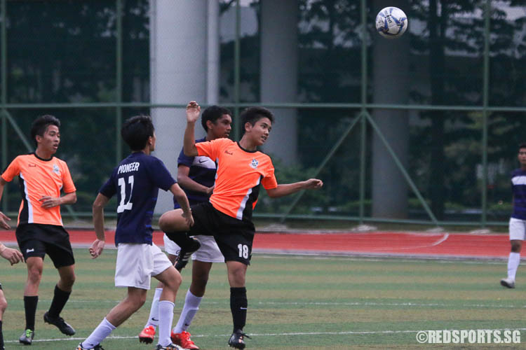 SAJC #18 goes for a header. (Photo © Chua Kai Yun/Red Sports)