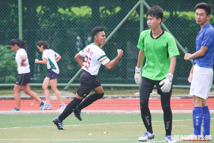 Syafiq (SRJC #25) reacts after scoring the team's second goal. (Photo © Chua Kai Yun/Red Sports)