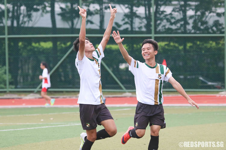 Jove Liew (SRJC #21, left) reacts after slotting in the team's third goal.  (Photo © Chua Kai Yun/Red Sports)