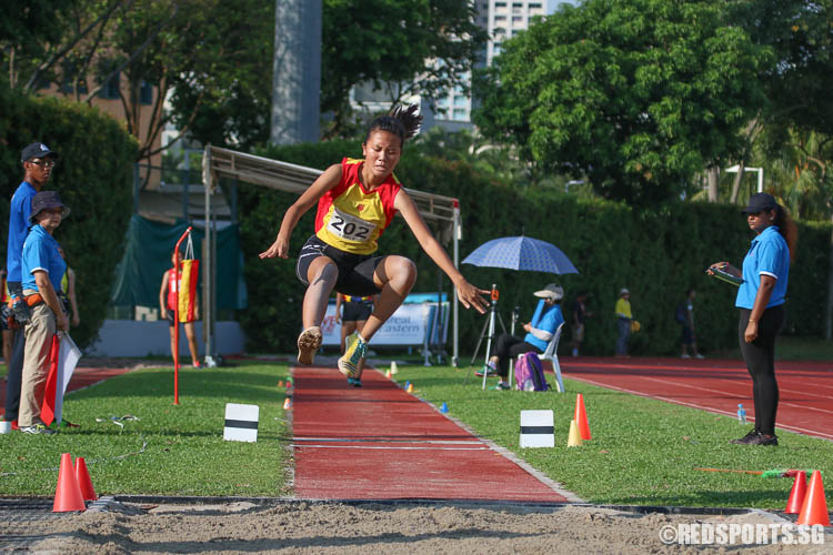 Joline Aw (#202, HCI) jumped with a 9.80m effort. (Photo © Chua Kai Yun/Red Sports)