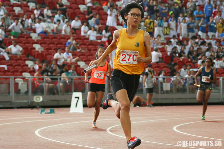 Tan Jing Wei (#270) of Cedar Girls' runs the first leg of the 4x400m relay. (Photo © Chua Kai Yun/Red Sports)