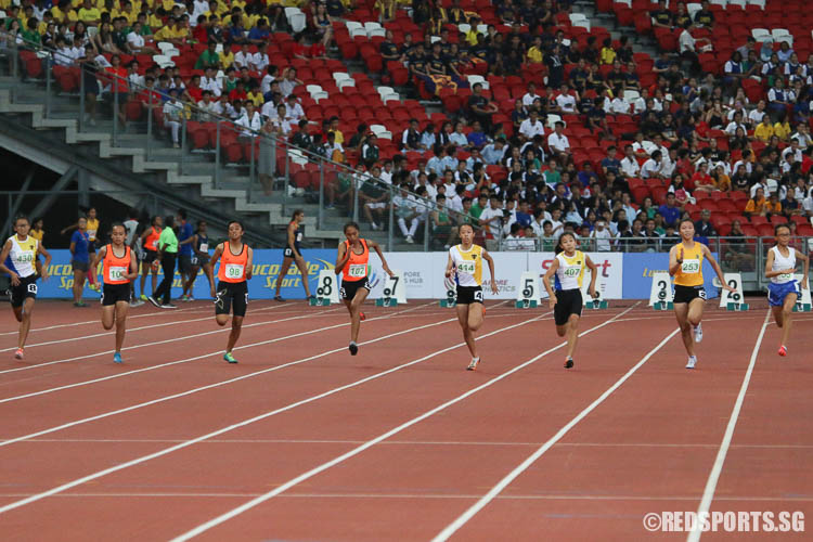 Athletes in action during the C-Girls 100m sprint. (Photo © Chua Kai Yun/Red Sports)
