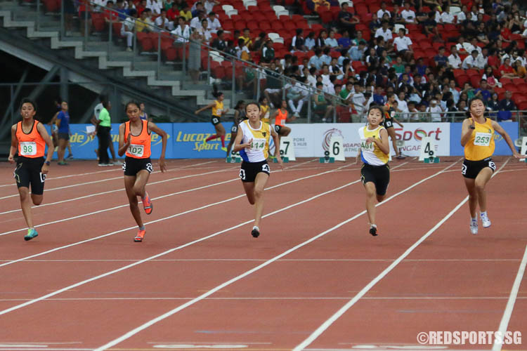 Elizabeth-Ann Tan (#414, NYGH) clinched gold with a timing of 12.86s, while Nur Ria Isabelle (#102) and Bernice Liew (#407) clinched silver and bronze respectively. (Photo © Chua Kai Yun/Red Sports)