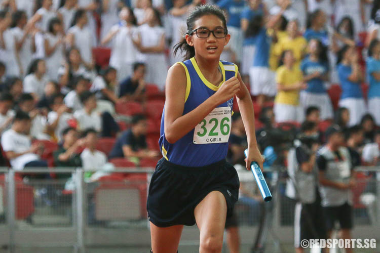 Jae Tan (#326) of St. Anthony's Canossian Sec starting the anchor leg of the 4x400m relay.  (Photo © Chua Kai Yun/Red Sports)
