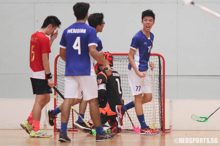 Thaddeus Tan (MJC #77) reacts after scoring a goal. (Photo © Chua Kai Yun/Red Sports)