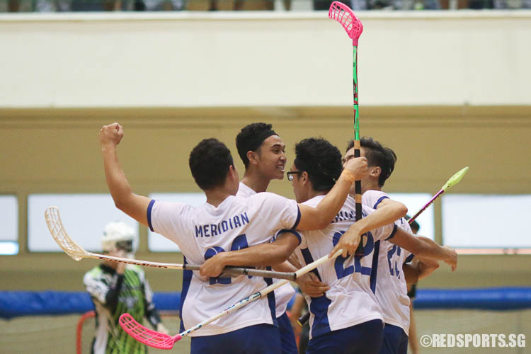 MJC players celebrate the equalising goal by Janus Lim (#22). (Photo © Chua Kai Yun/Red Sports)