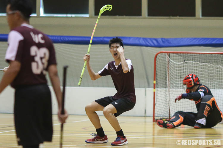 Koh Dun Xian (VJC #5) reacts after completing his hat-trick. (Photo © Chua Kai Yun/Red Sports)